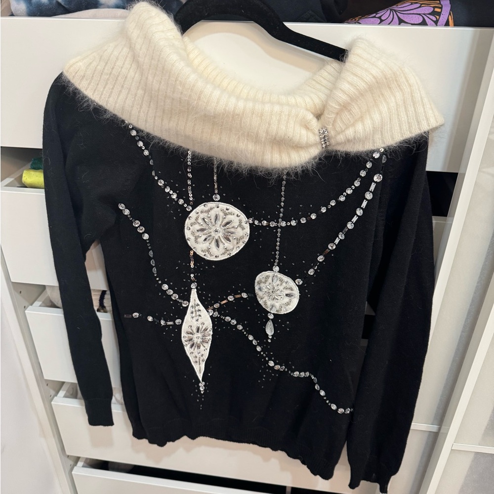 Elegant Black and Cream Sweater with Embellishments, holiday ornaments